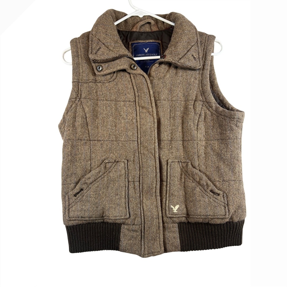 American Eagle Outfitters Mens Brown Herringbone Quilted Vest Size Medium